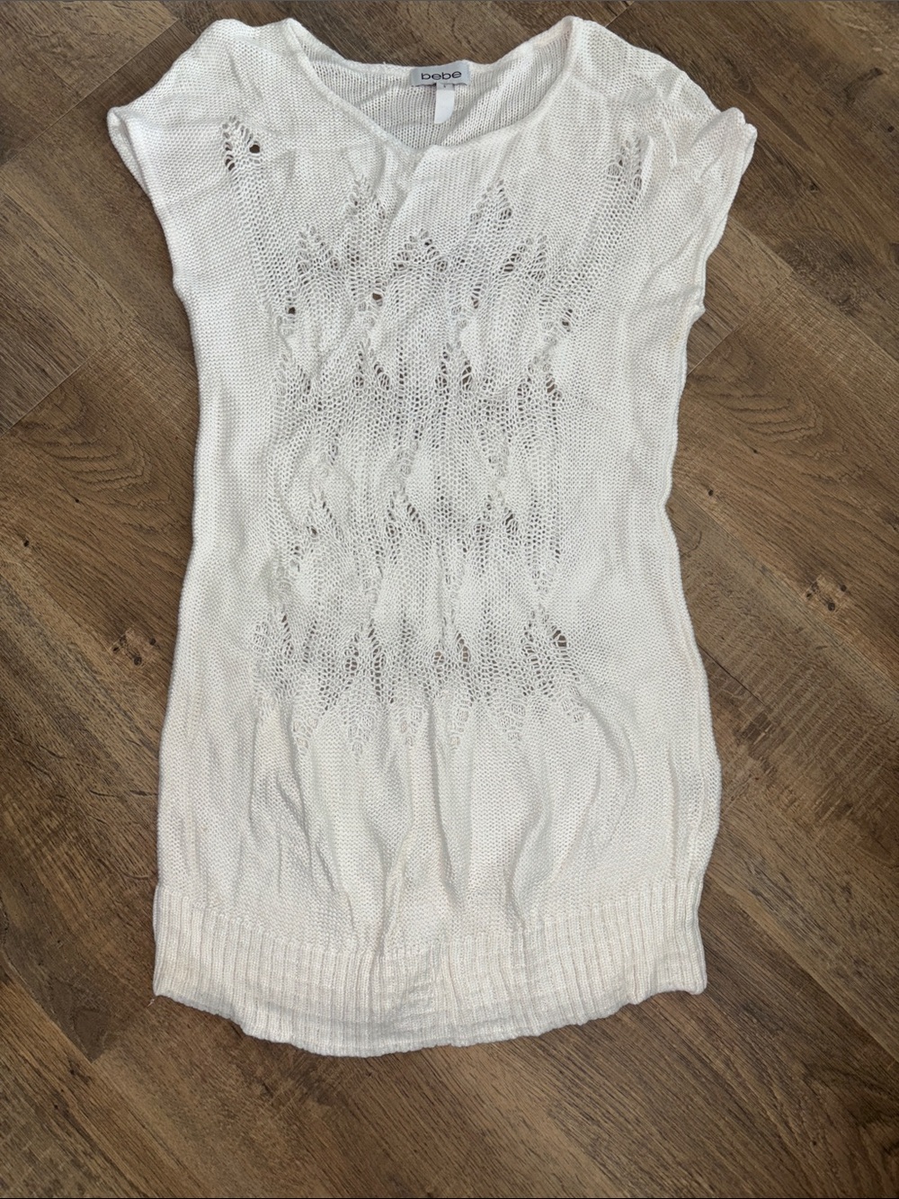 bebe White Open-Weave Short Sleeve Tunic Sweater